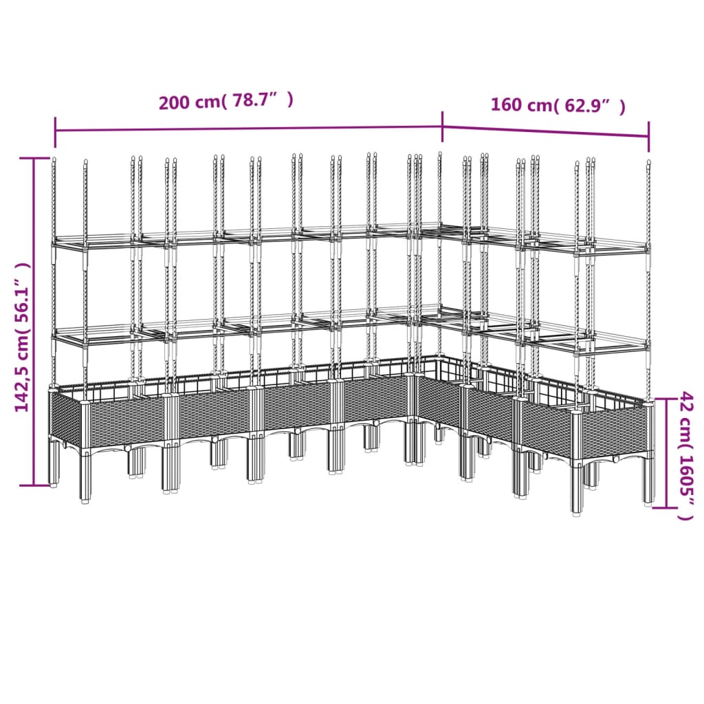 Vaso/floreira jardim c/ treliça 200x160x142,5 cm PP cinza-claro