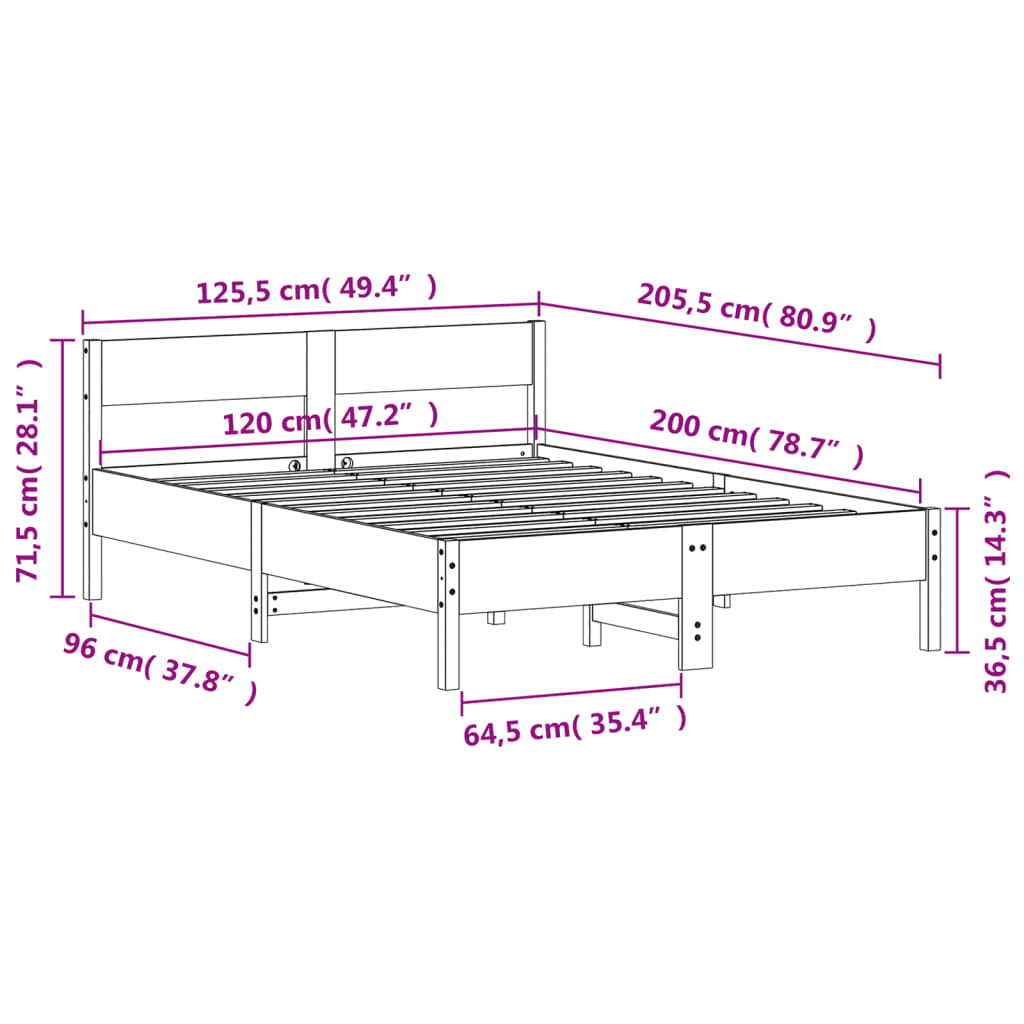 Estrutura cama c/ cabeceira 120x200cm pinho maciço castanho-mel