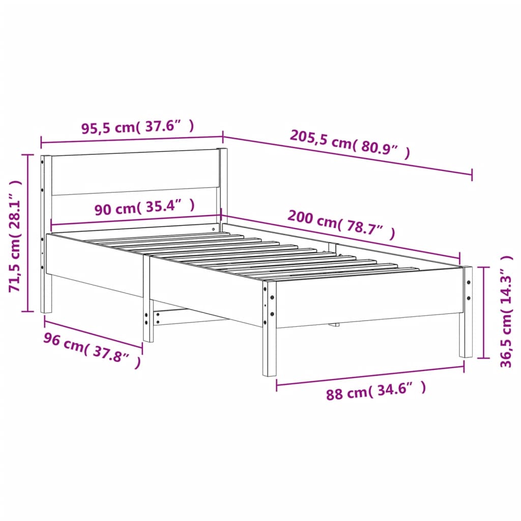 Estrutura de cama com cabeceira 90x200 cm pinho maciço branco