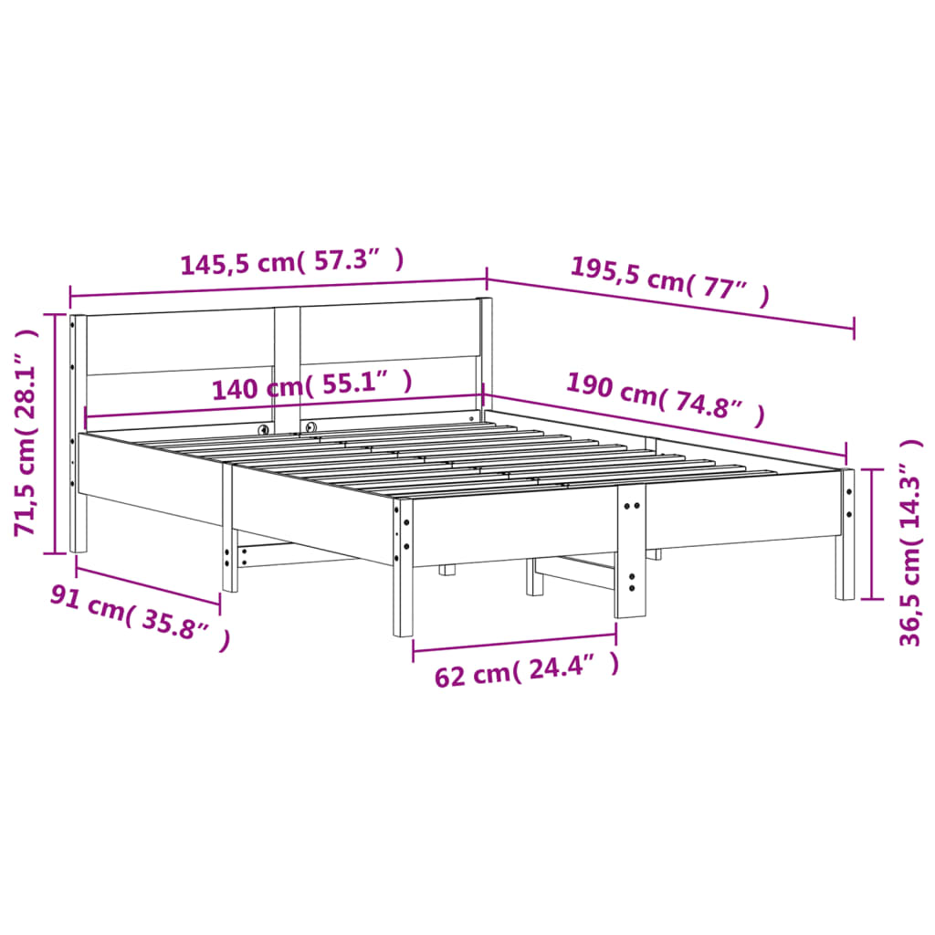 Estrutura cama c/ cabeceira 140x190 cm pinho maciço branco