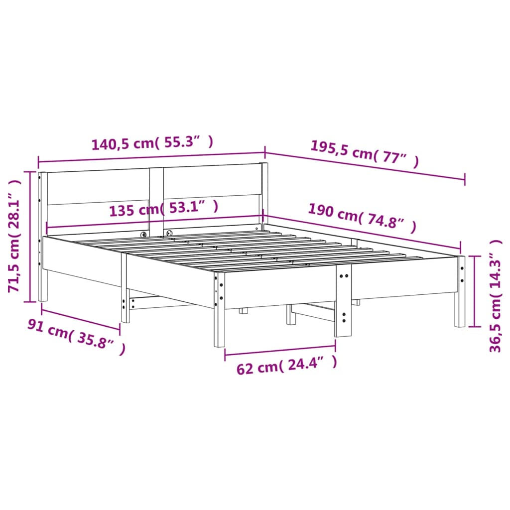 Estrutura cama c/ cabeceira 135x190 cm pinho maciço branco