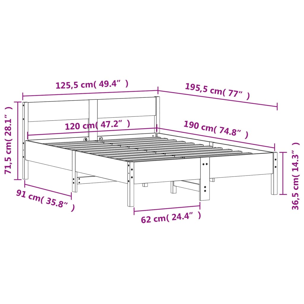 Estrutura cama c/ cabeceira 120x190cm pinho maciço castanho-mel