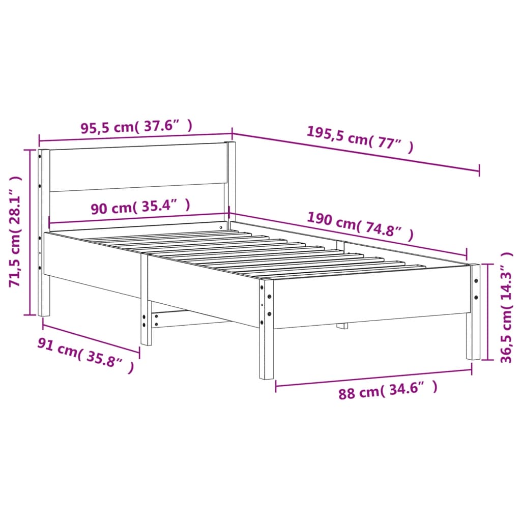 Estrutura cama c/ cabeceira 90x190 cm pinho maciço castanho-mel