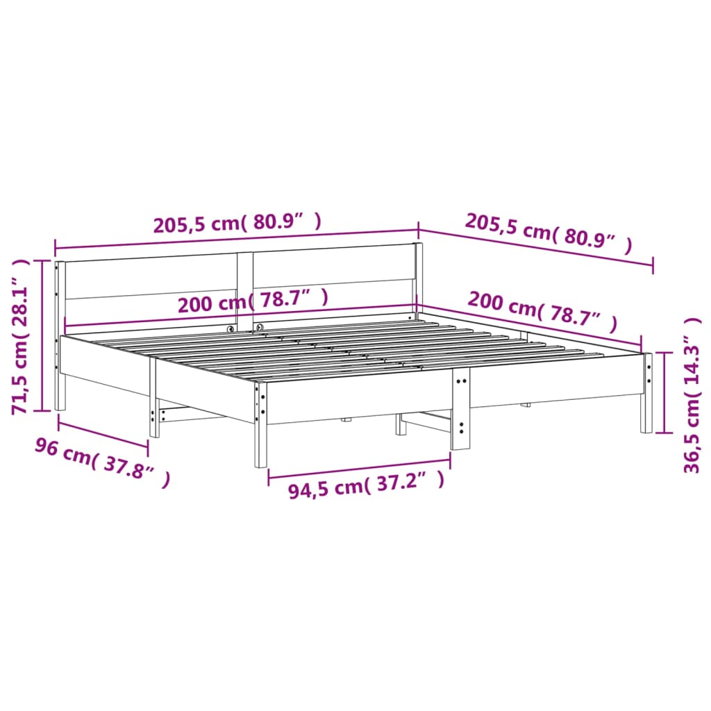 Estrutura de cama com cabeceira 200x200 cm pinho maciço