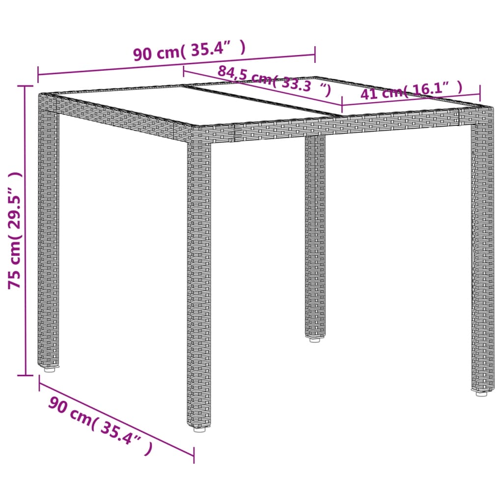 Mesa de jardim c/ tampo de vidro 90x90x75cm vime PE cinza-claro