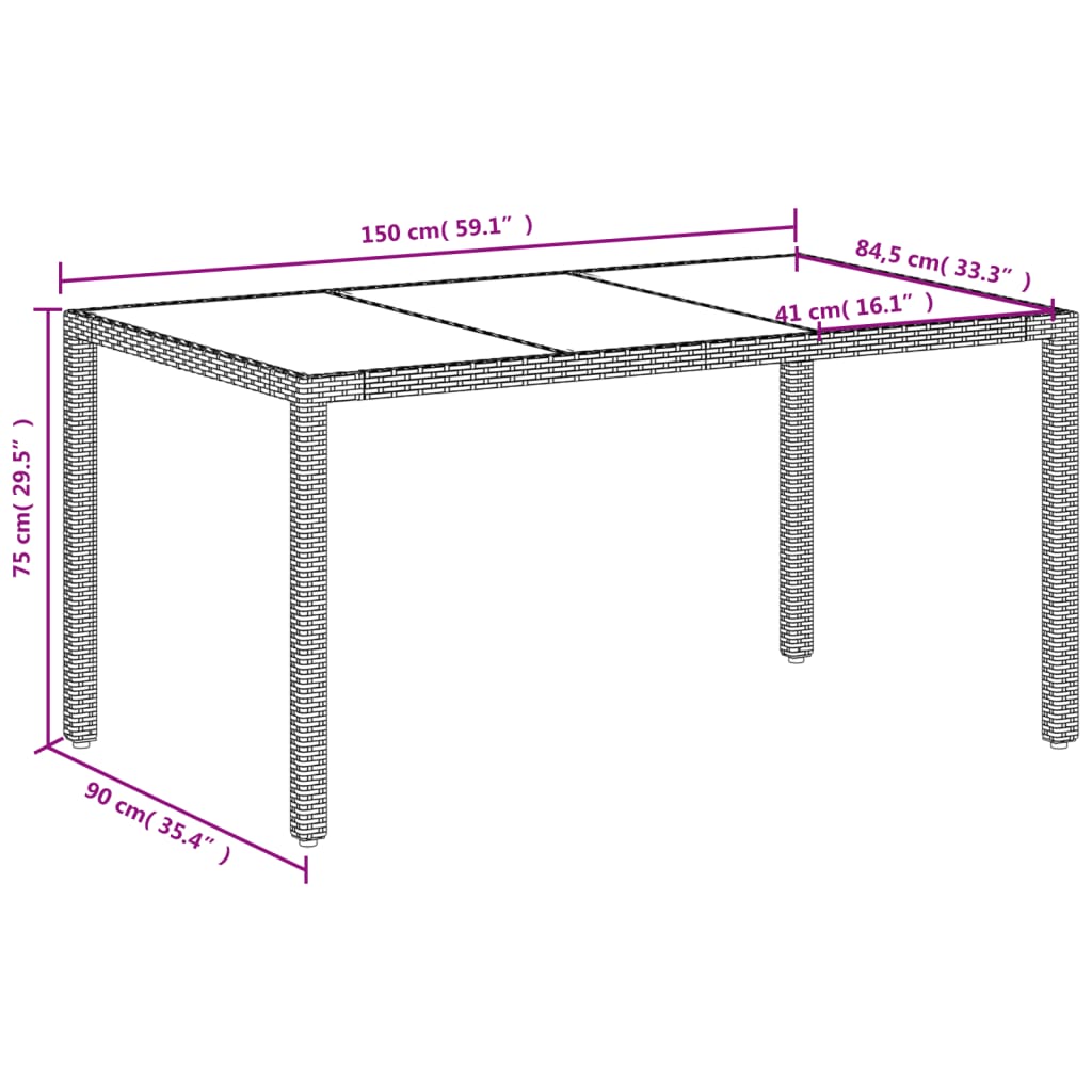 Mesa de jardim com tampo de vidro 150x90x75 cm vime PE branco