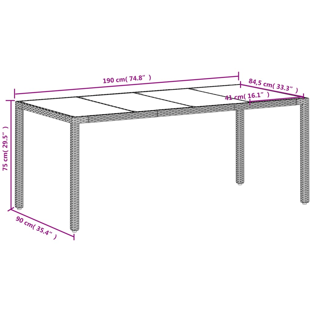 Mesa de jardim com tampo de vidro 190x90x75 cm vime PE branco