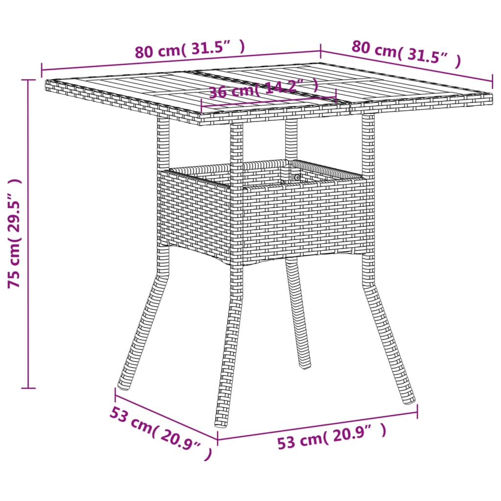 Mesa de jardim 80x80x75 cm vime PE e madeira de acácia bege