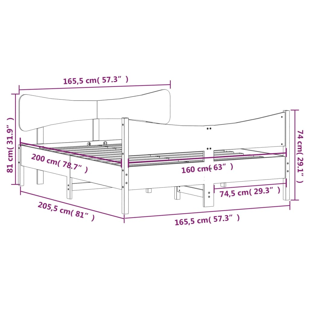 Estrutura de cama com cabeceira 160x200 cm pinho maciço