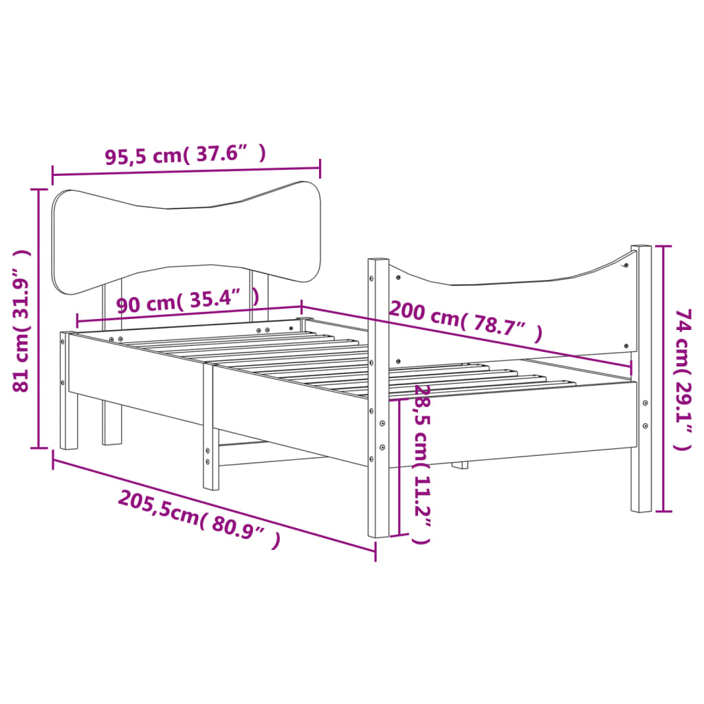 Estrutura de cama com cabeceira 90x200 cm pinho maciço