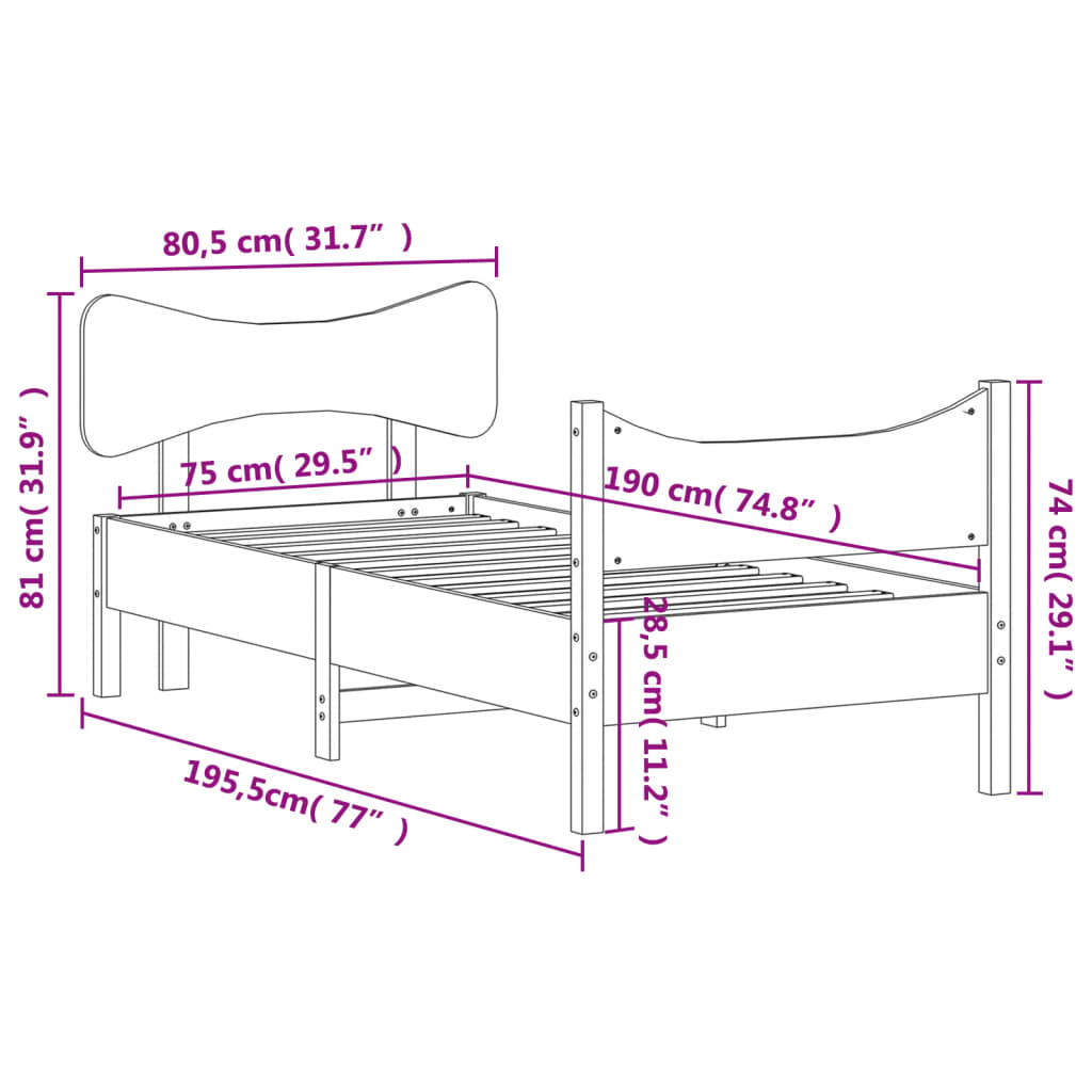 Estrutura de cama com cabeceira 75x190 cm pinho maciço