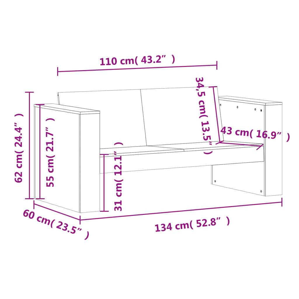 Sofá de 2 lugares para jardim 134x60x62 cm pinho maciço