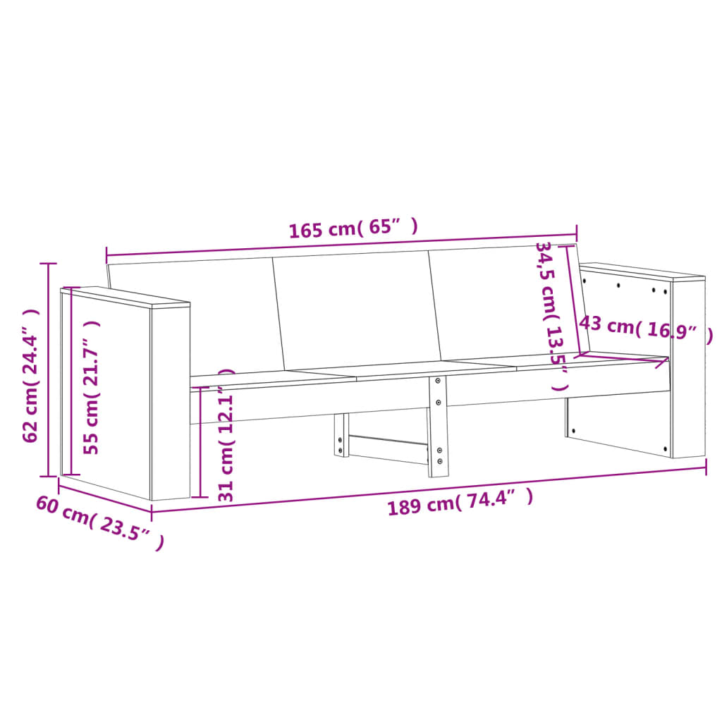 Sofá de 3 lugares para jardim 189x60x62 cm pinho maciço