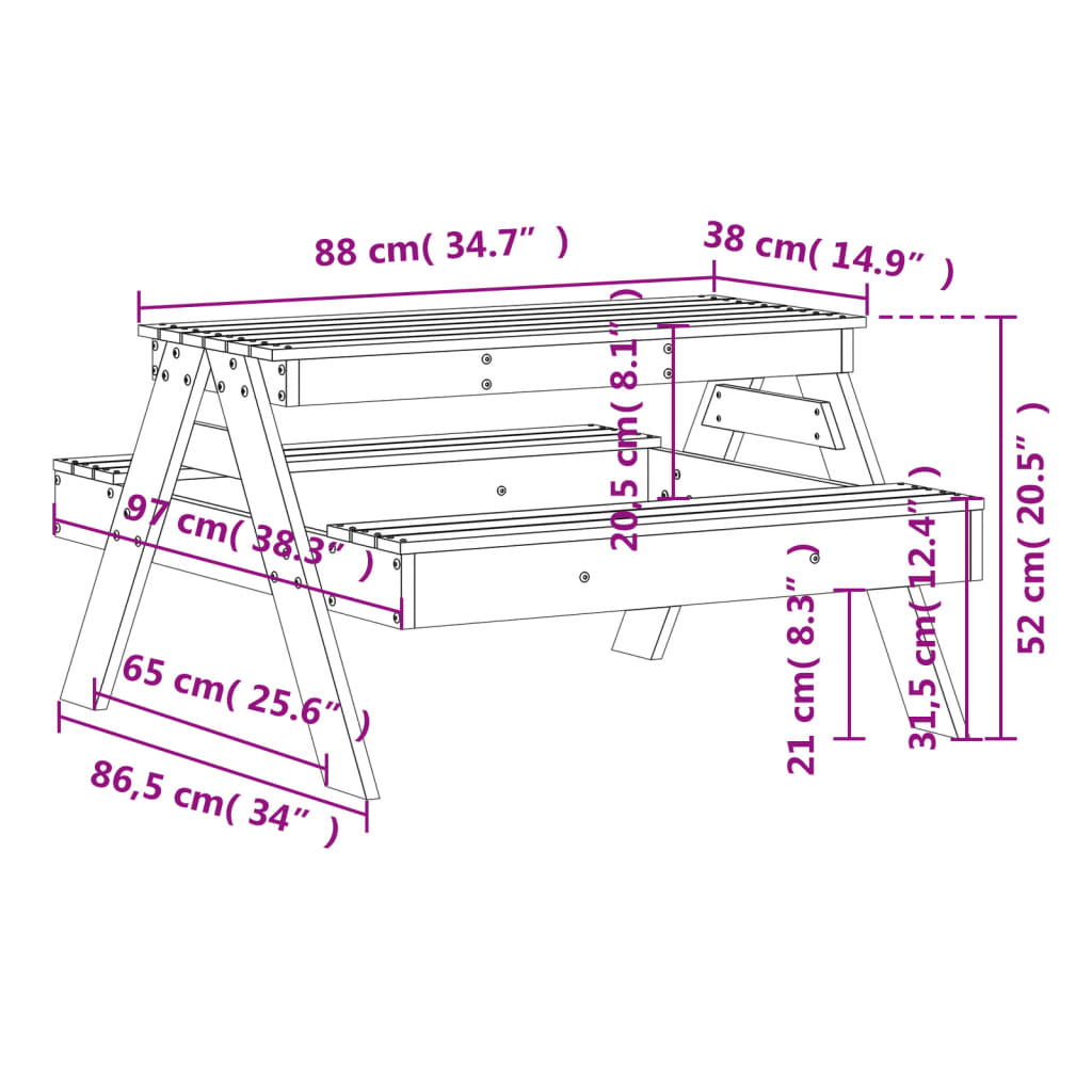 Mesa de piquenique p/ crianças 88x97x52 cm pinho maciço branco