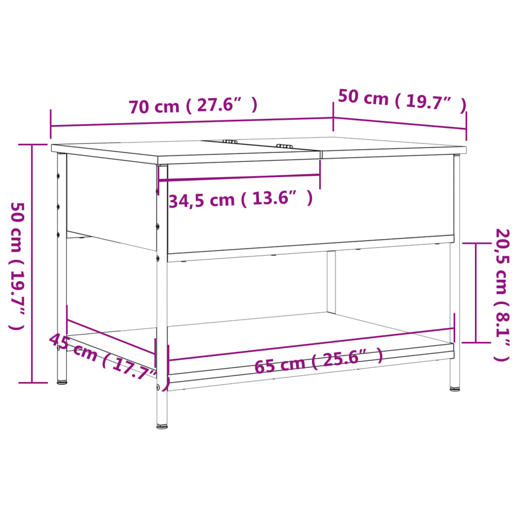 Mesa de centro 70x50x50 cm deriv. madeira/metal cinzento sonoma