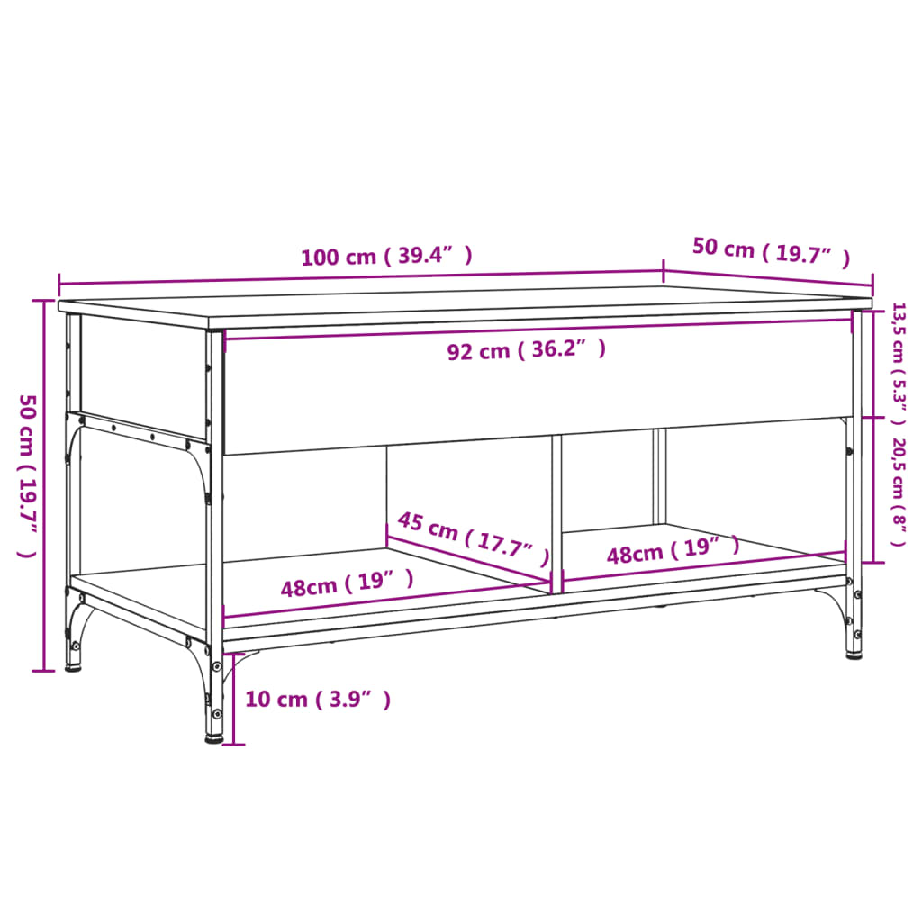 Mesa de centro 100x50x50cm deriv. madeira/metal cinzento sonoma