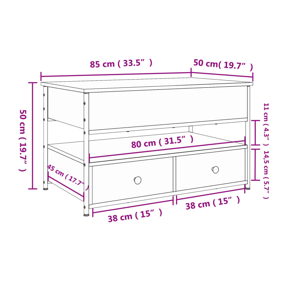 Mesa de centro 85x50x50 cm deriv. madeira/metal cinzento sonoma