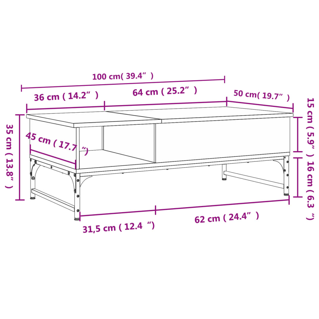 Mesa de centro 100x50x35 cm derivados de madeira/metal preto