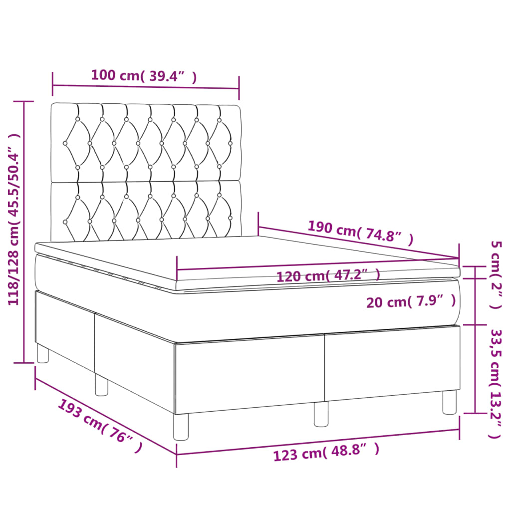 Cama boxspring com colchão 120x190 cm veludo cinzento-claro