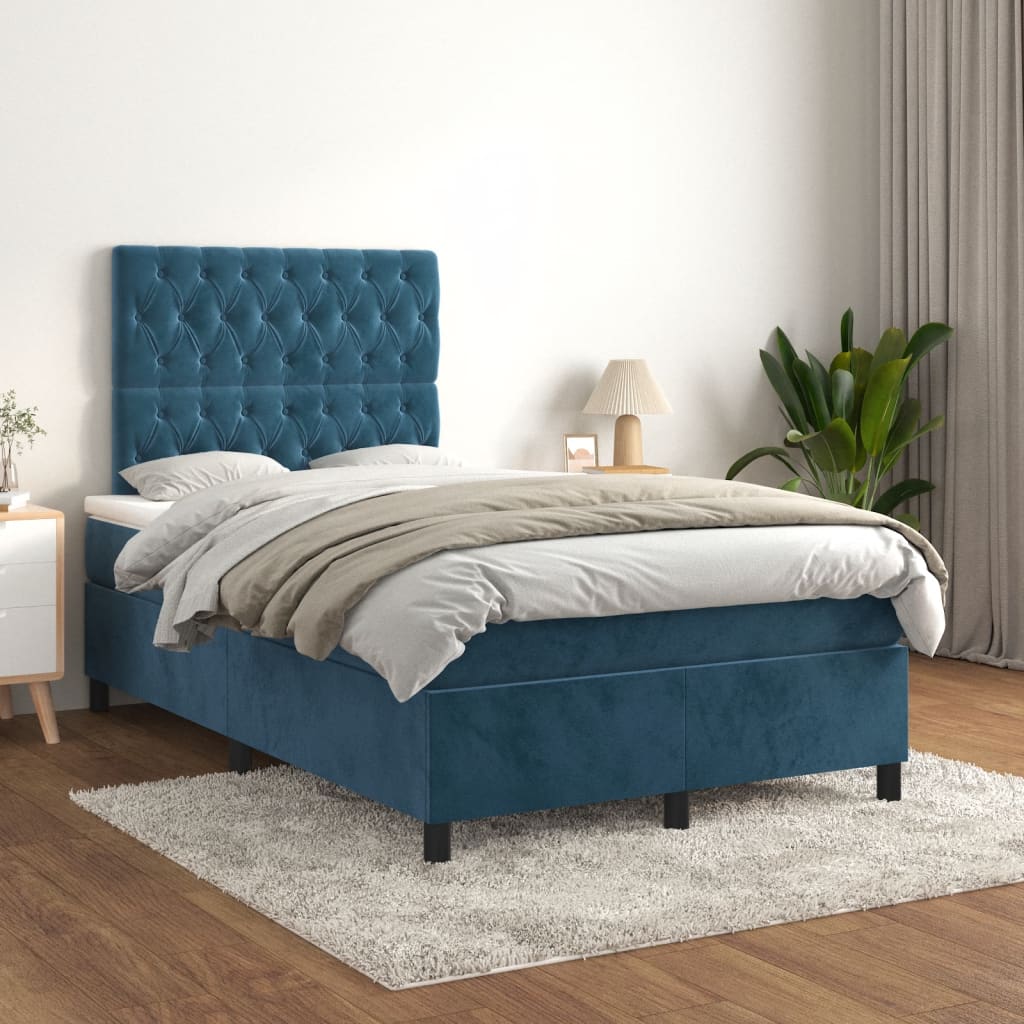 Cama boxspring com colchão 120x190 cm veludo azul-escuro