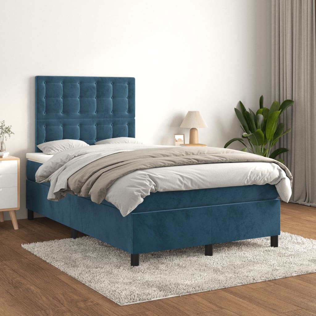 Cama boxspring com colchão 120x190 cm veludo azul-escuro