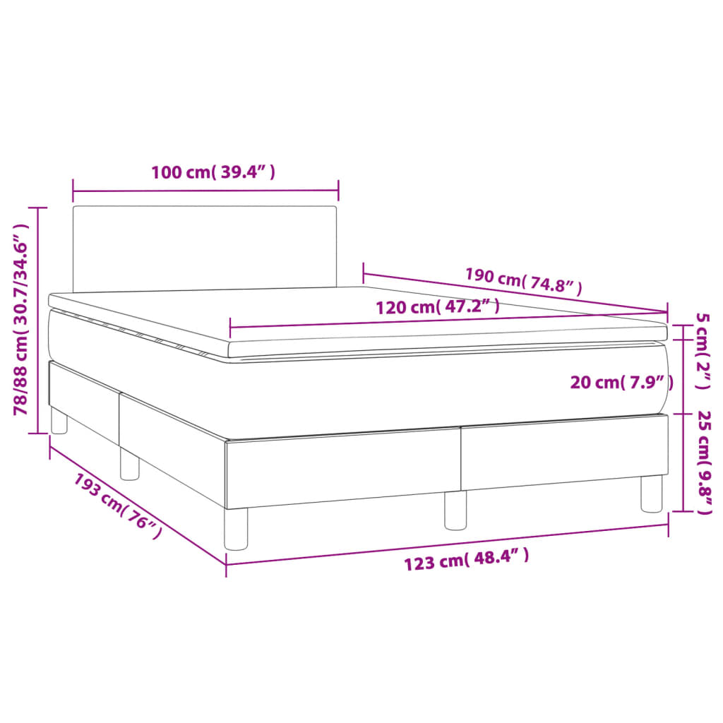 Cama box spring c/ colchão e LED 120x190 cm tecido cinza-escuro