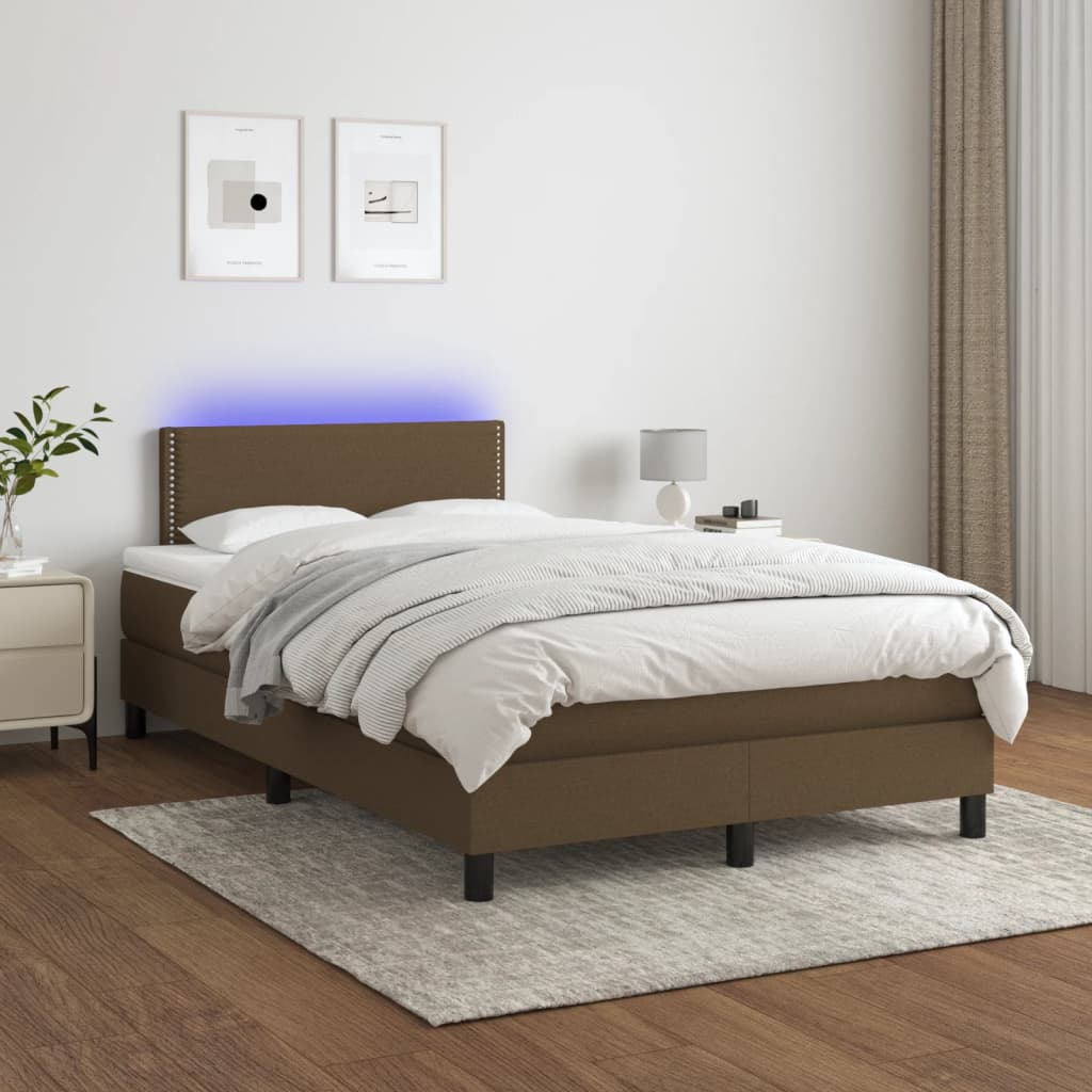 Cama box spring c/ colchão/LED 120x190cm tecido castanho-escuro