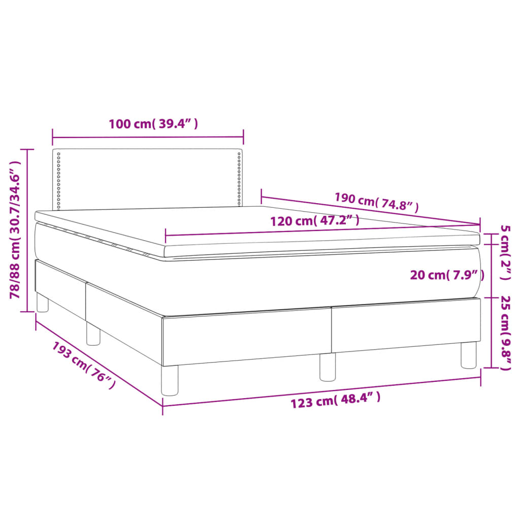 Cama box spring c/ colchão/LED 120x190cm tecido castanho-escuro