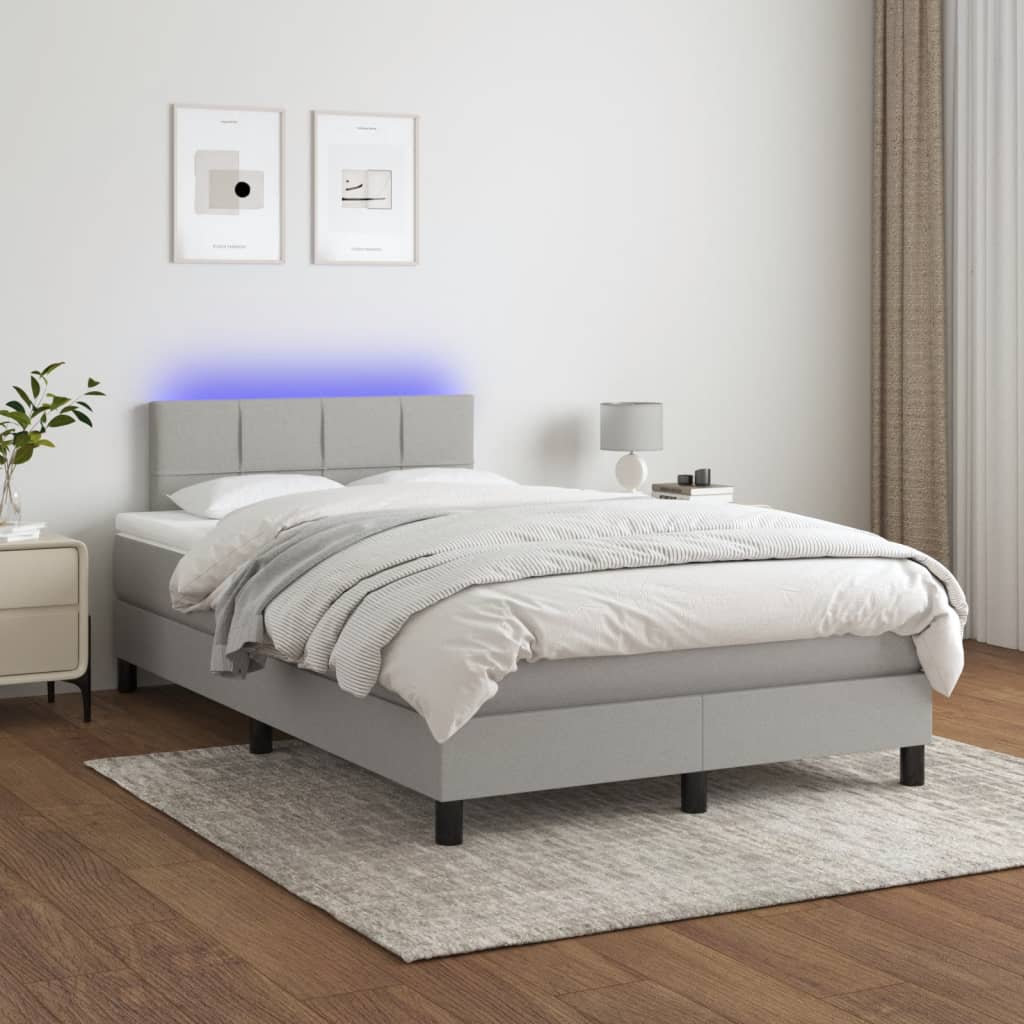 Cama box spring c/ colchão e LED 120x190 cm tecido cinza-claro