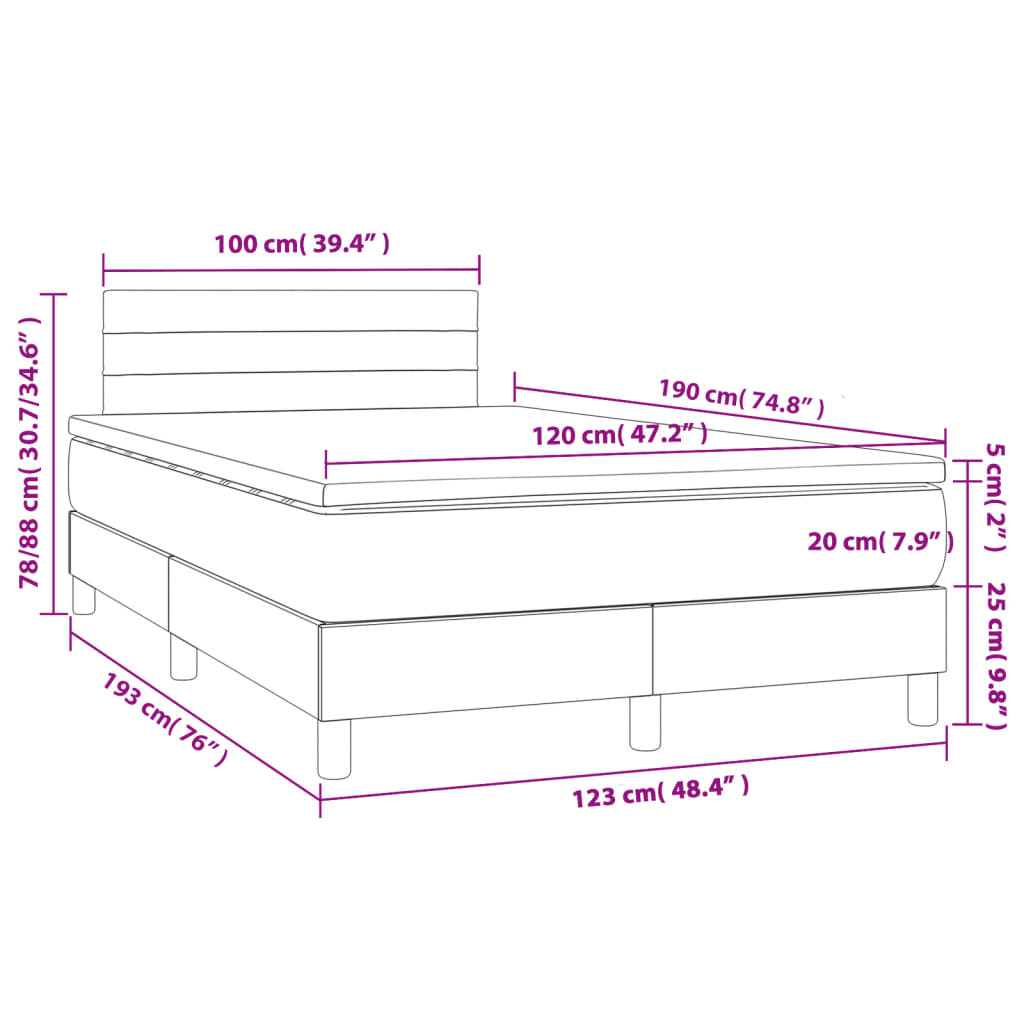 Cama box spring c/ colchão e LED 120x190 cm tecido cinza-claro