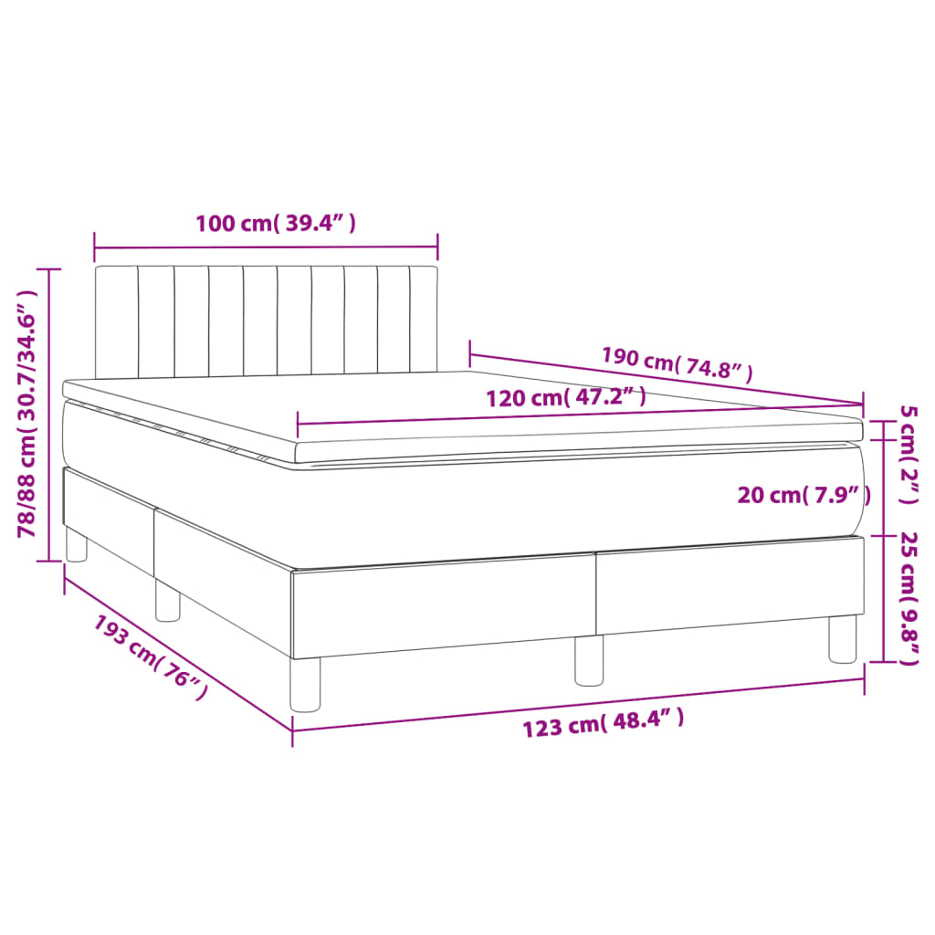 Cama box spring c/ colchão/LED 120x190cm tecido castanho-escuro