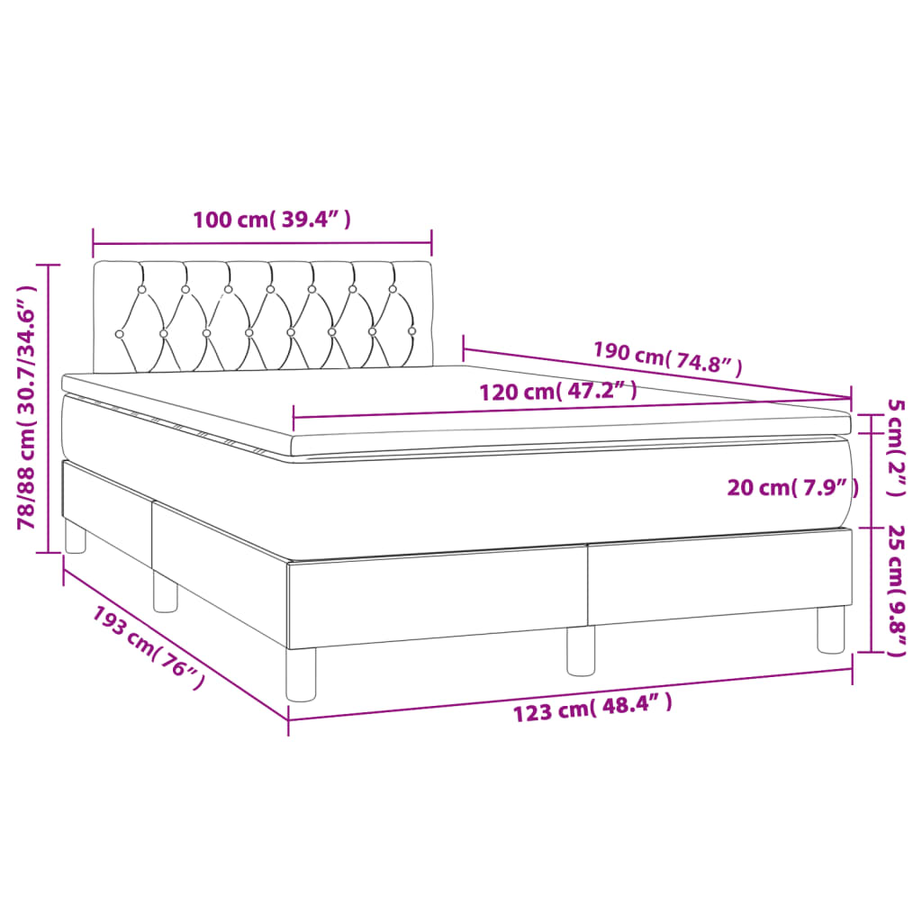 Cama box spring c/ colchão e LED 120x190 cm tecido cinza-claro