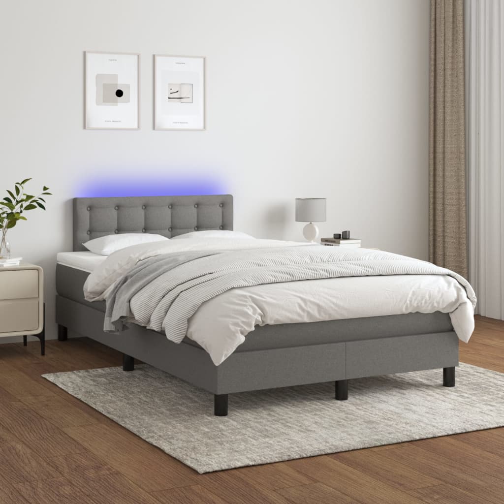 Cama box spring c/ colchão e LED 120x190 cm tecido cinza-escuro