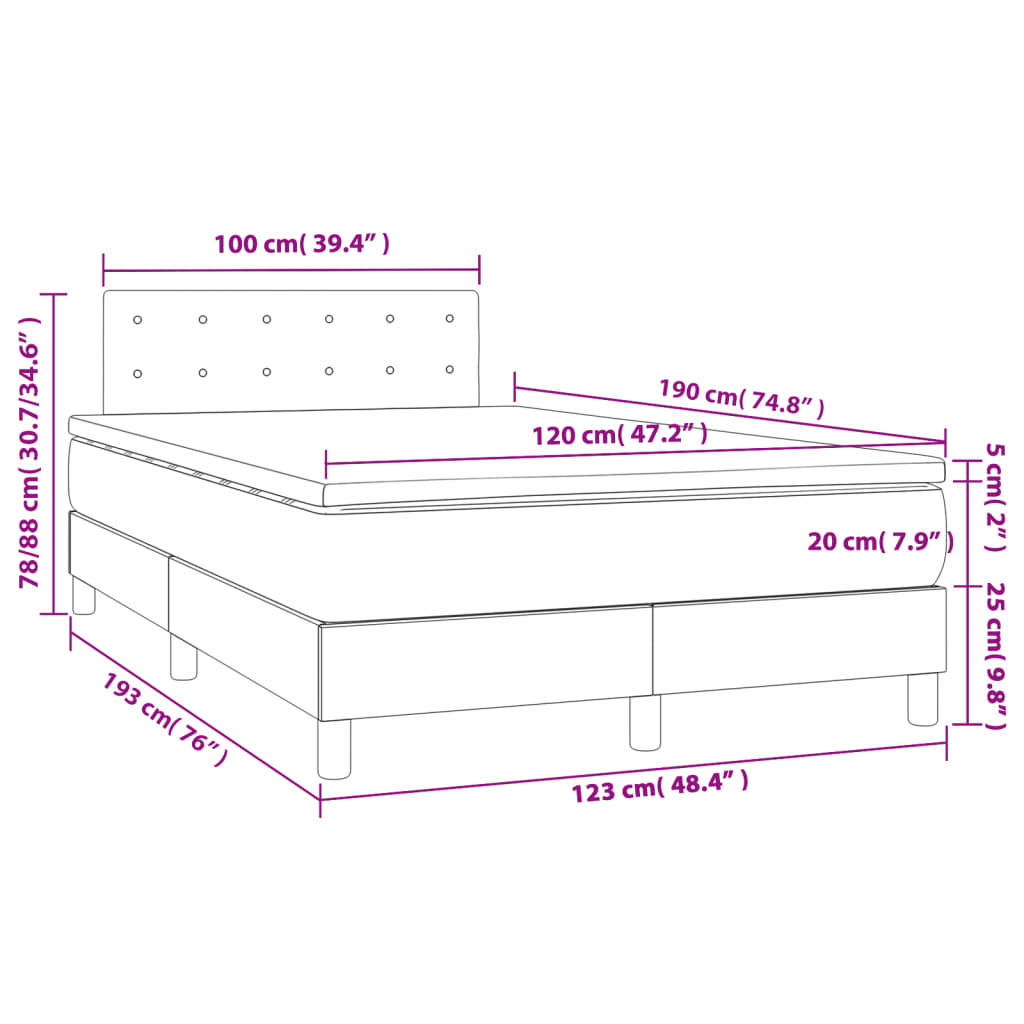 Cama box spring c/ colchão e LED 120x190 cm tecido preto