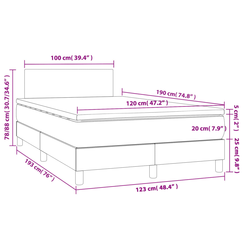 Cama box spring c/ colchão/LED 120x190cm tecido castanho-escuro