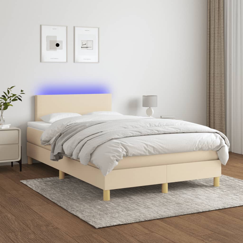 Cama box spring c/ colchão e LED 120x190 cm tecido cor creme