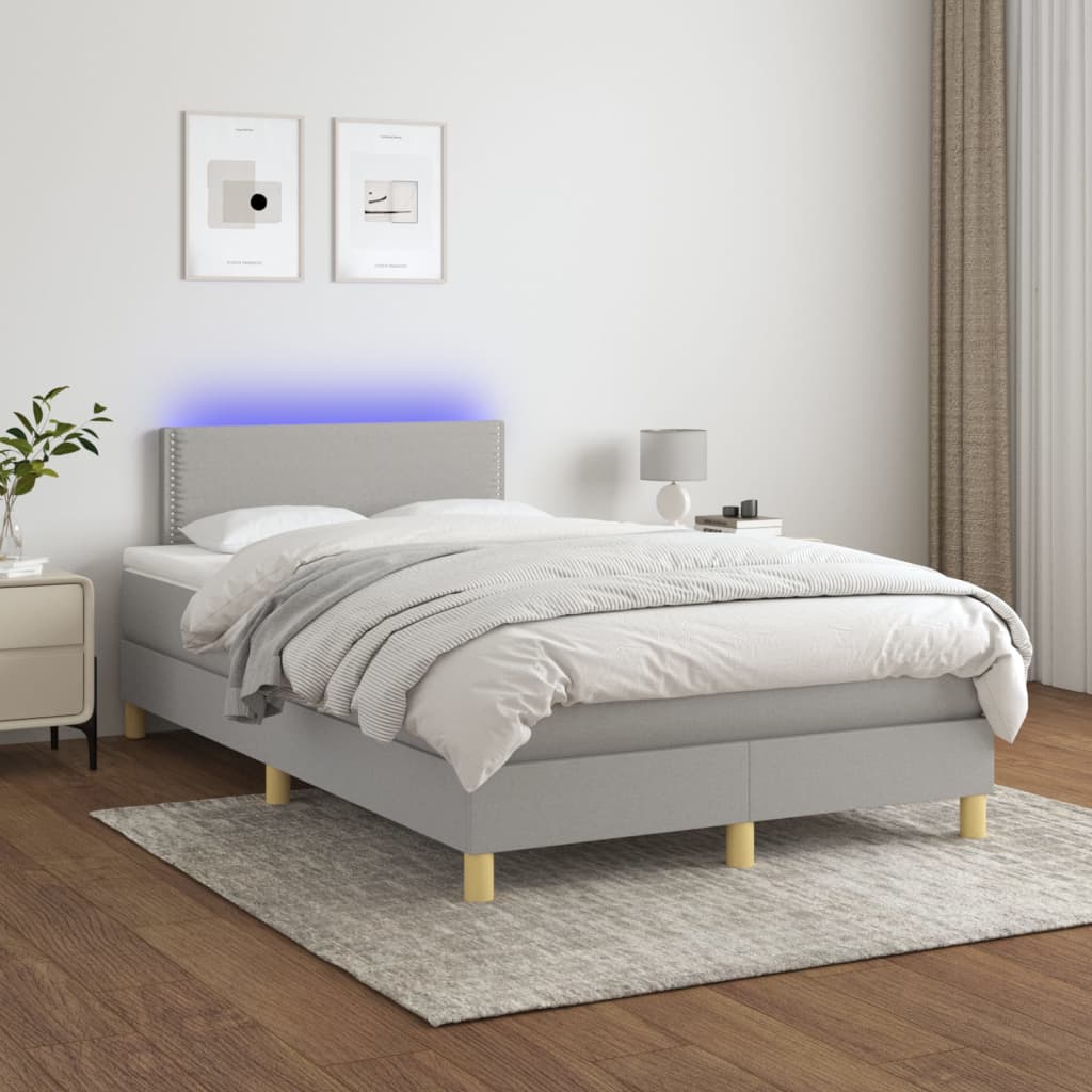 Cama box spring c/ colchão e LED 120x190 cm tecido cinza-claro