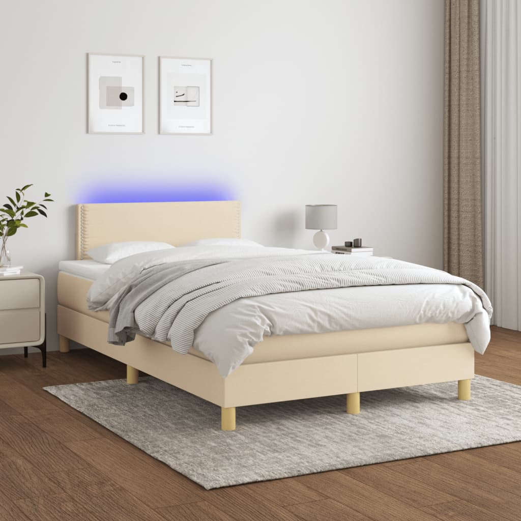 Cama box spring c/ colchão e LED 120x190 cm tecido cor creme