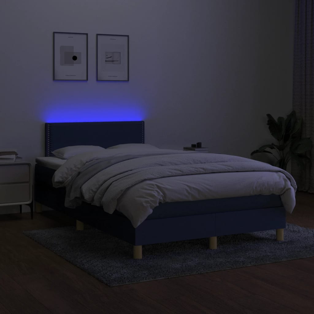 Cama box spring c/ colchão e LED 120x190 cm tecido azul