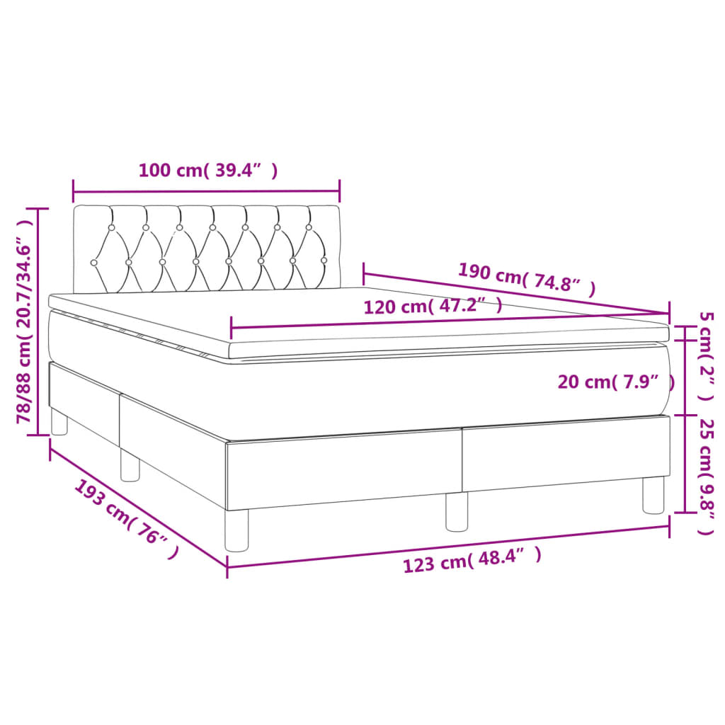 Cama box spring c/ colchão e LED 120x190 cm tecido cinza-claro