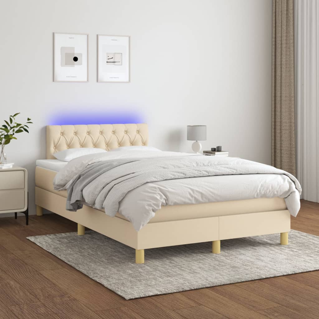 Cama box spring c/ colchão e LED 120x190 cm tecido cor creme