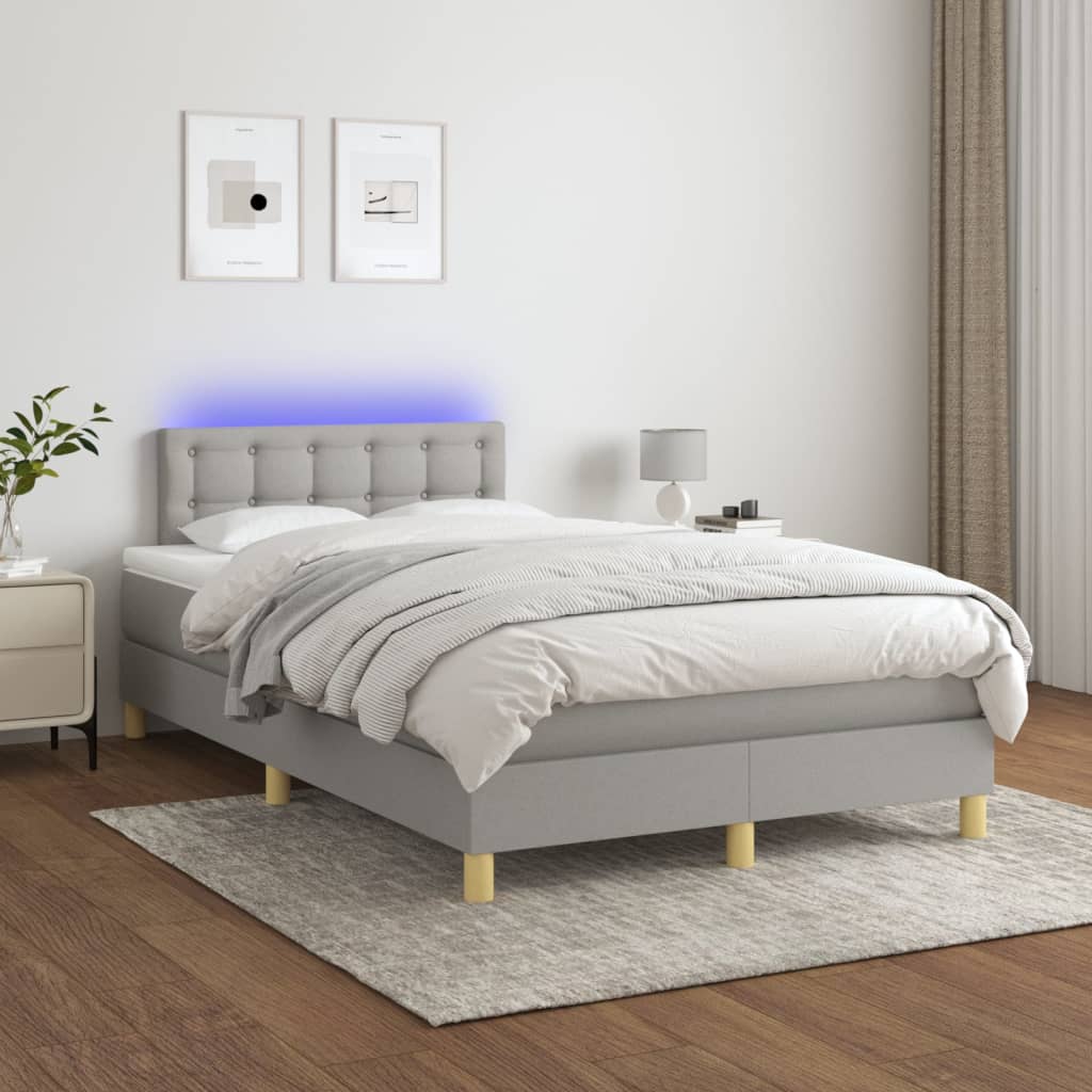 Cama box spring c/ colchão e LED 120x190 cm tecido cinza-claro