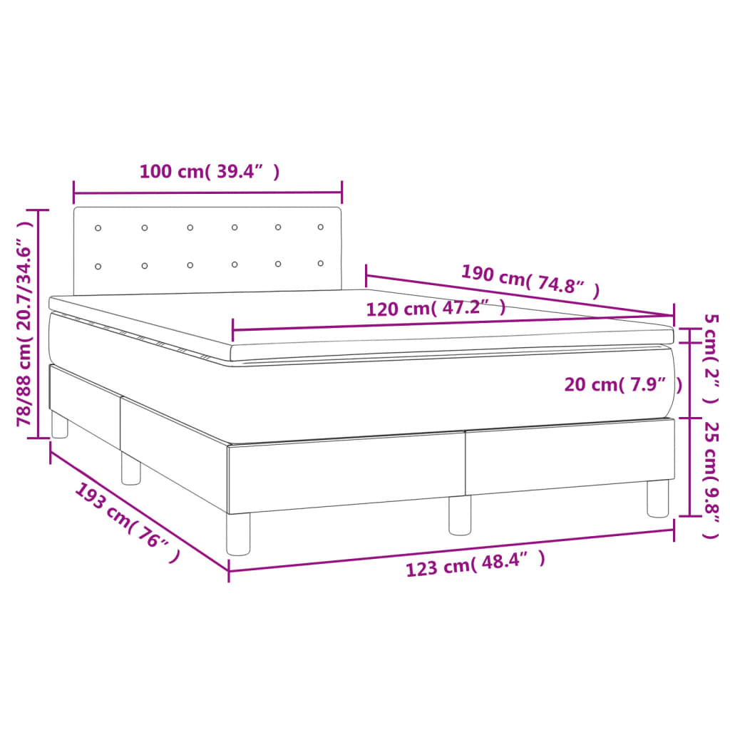 Cama box spring c/ colchão e LED 120x190 cm tecido cinza-escuro