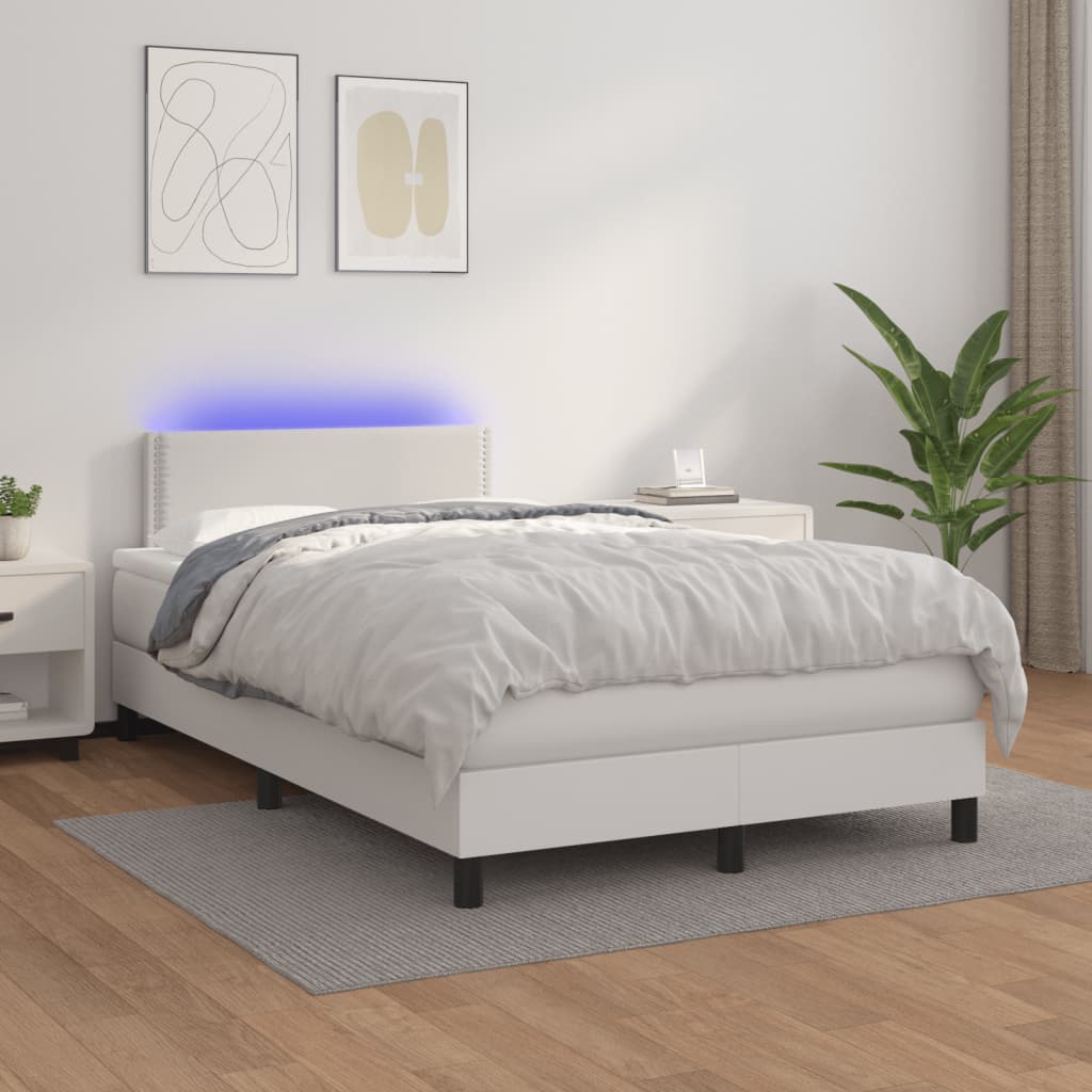 Cama box spring c/colchão/LED 120x190cm couro artificial branco