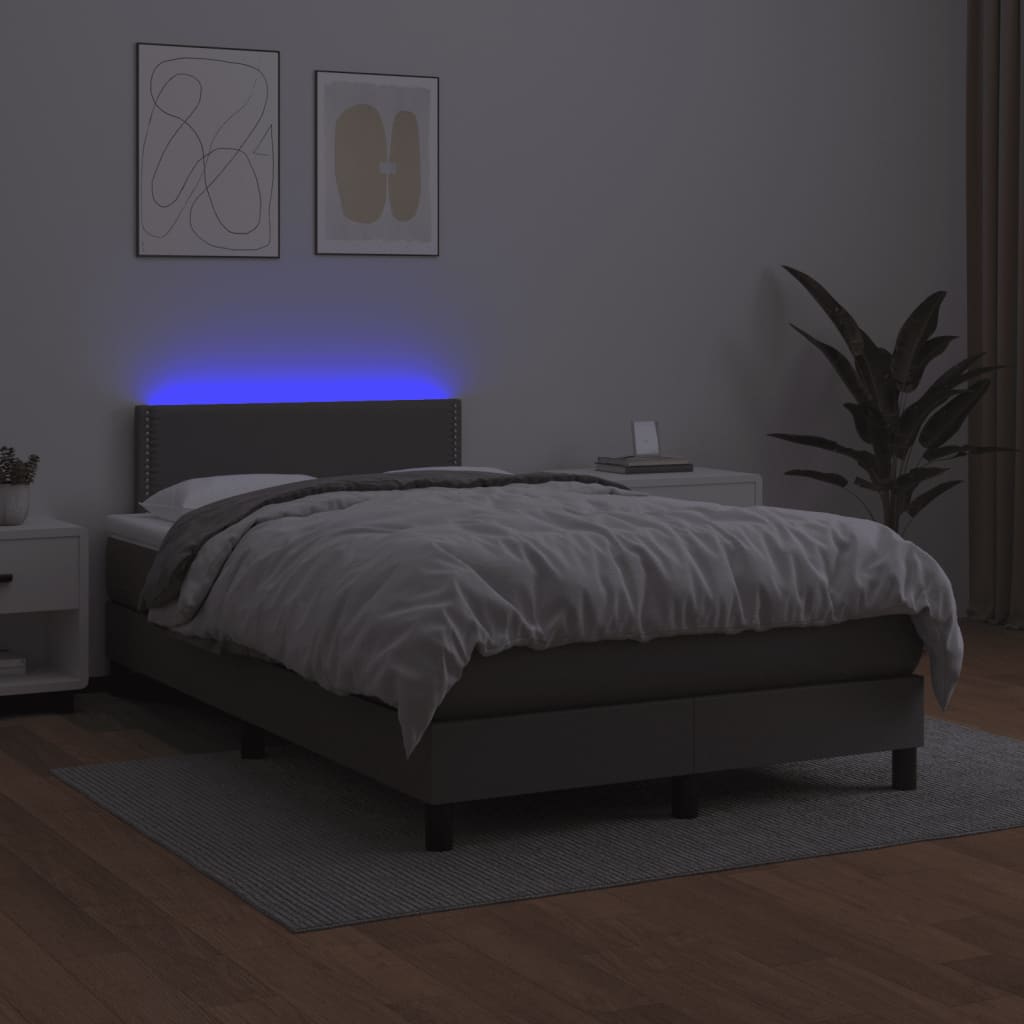 Cama box spring c/ colchão/LED 120x190cm couro artificial cinza