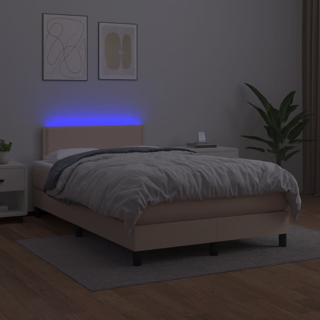 Cama box spring c/colchão/LED 120x190cm couro artif. cappuccino