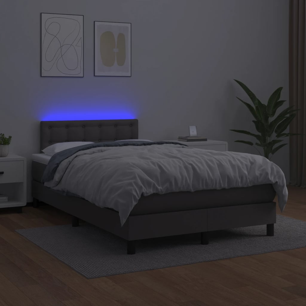 Cama box spring c/ colchão/LED 120x190cm couro artificial cinza