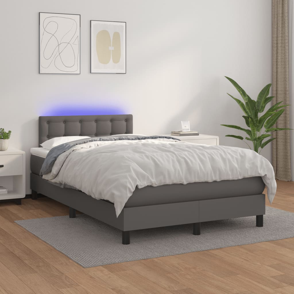 Cama box spring c/ colchão/LED 120x190cm couro artificial cinza