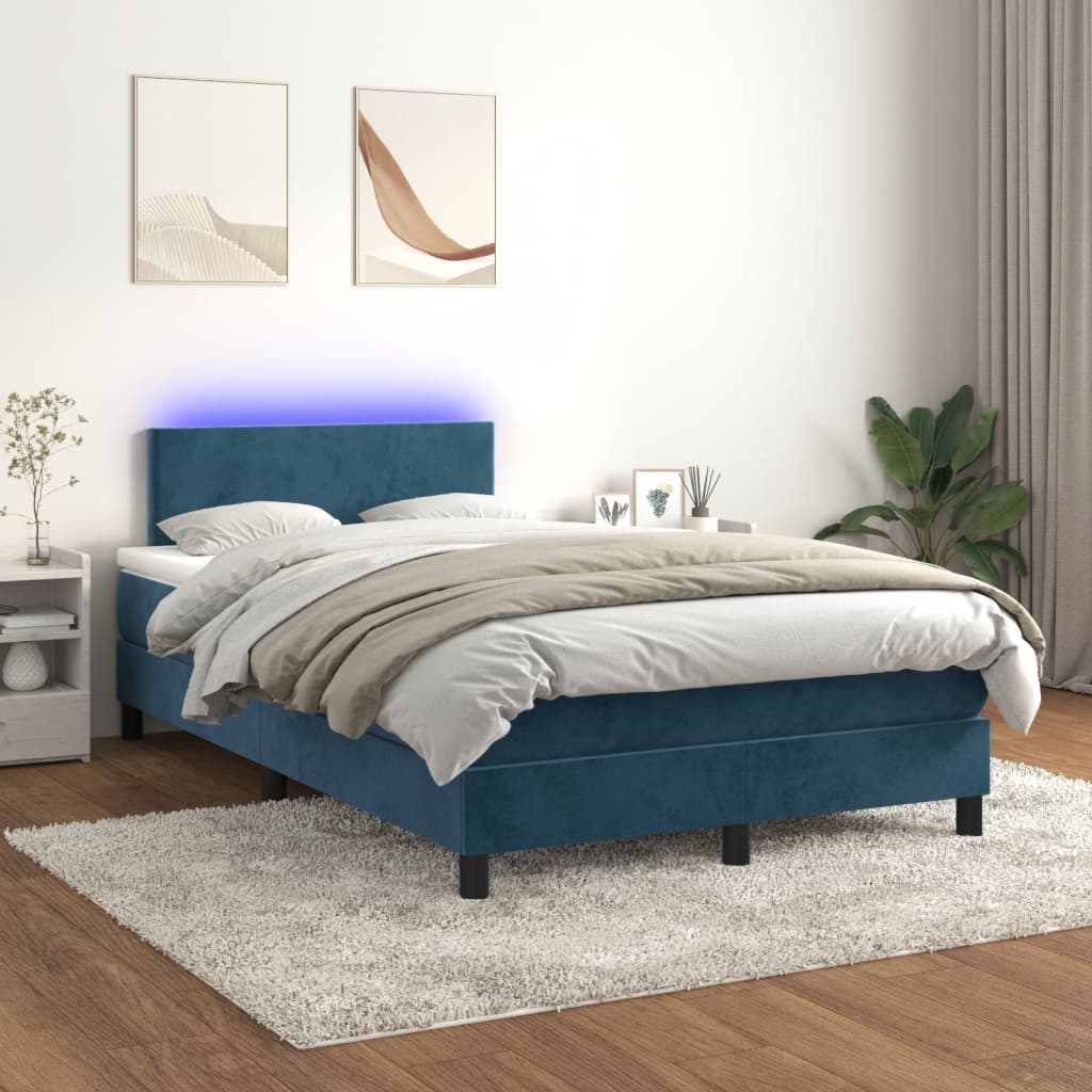 Cama box spring colchão LED 120x190cm couro artif. azul-escuro