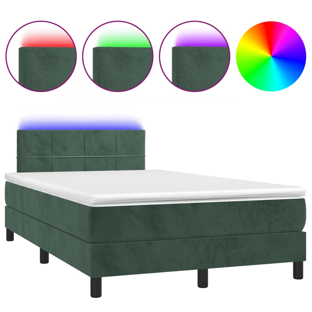 Cama box spring com colchão e luzes LED veludo verde-escuro